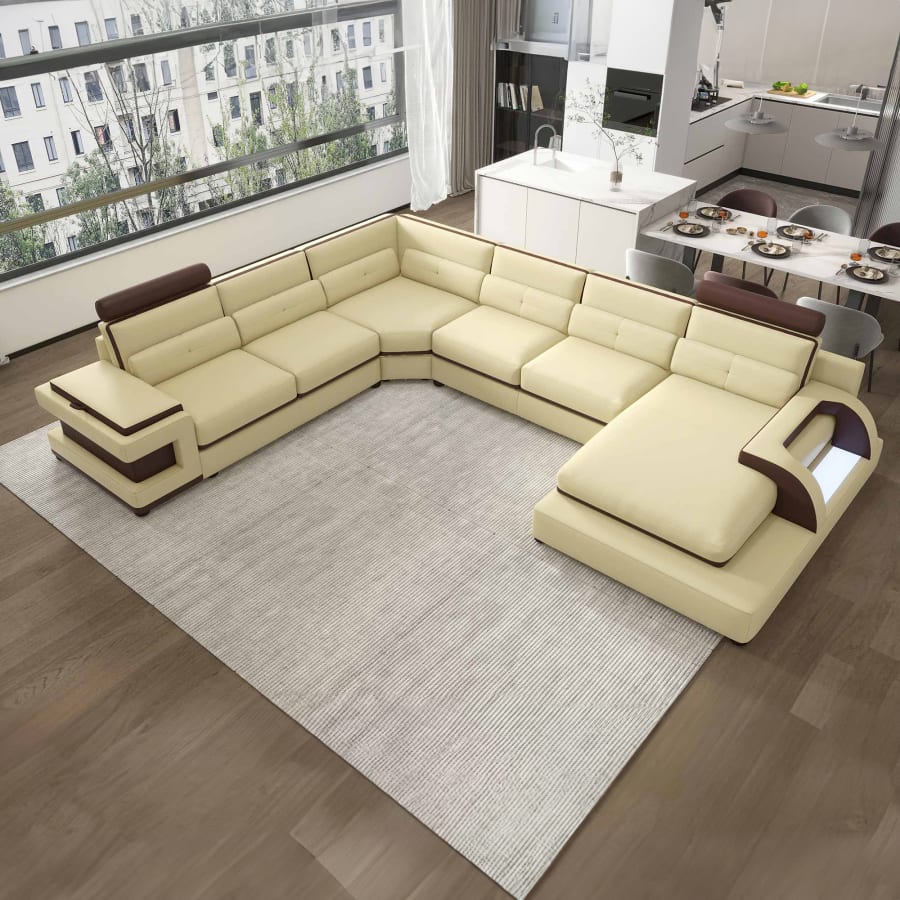 Canap&eacute; d'angle gauche panoramique design en cuir beige et marron avec lumi&egrave;re int&eacute;gr&eacute;e
